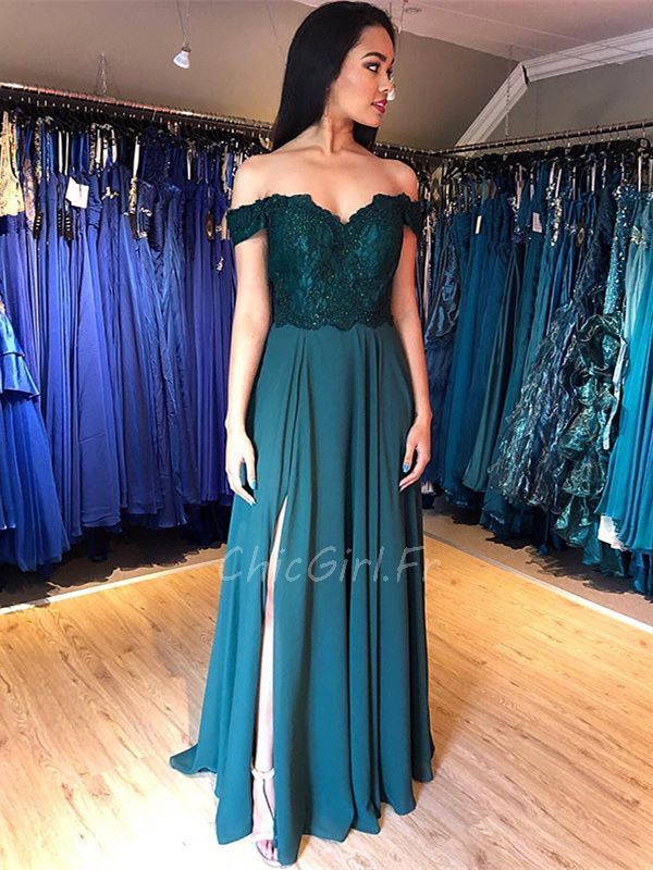 Robe De Soir e Longue Bleu Canard Mousseline Dentelle Epaule