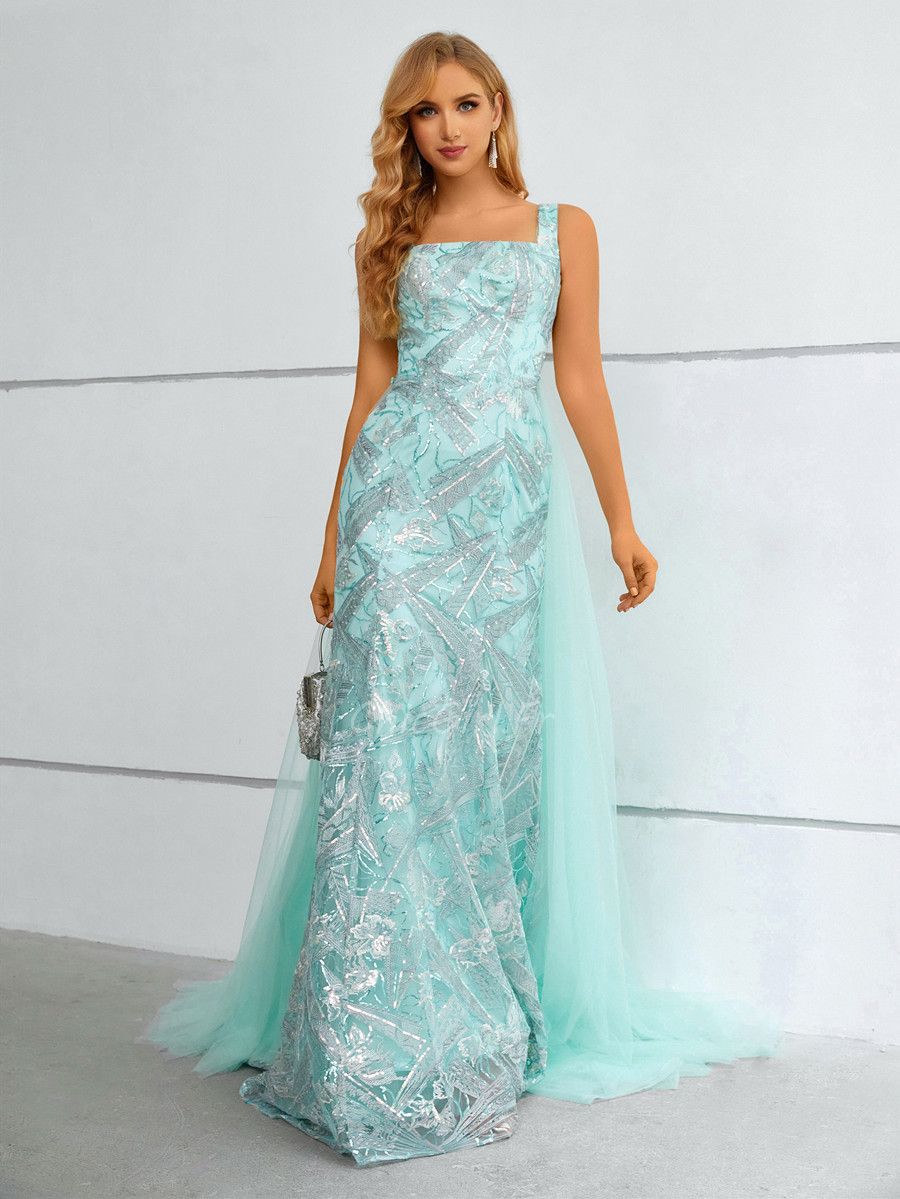 Robe De Soir e Longue Dentelle Vert Menthe Avec Tulle Jupe