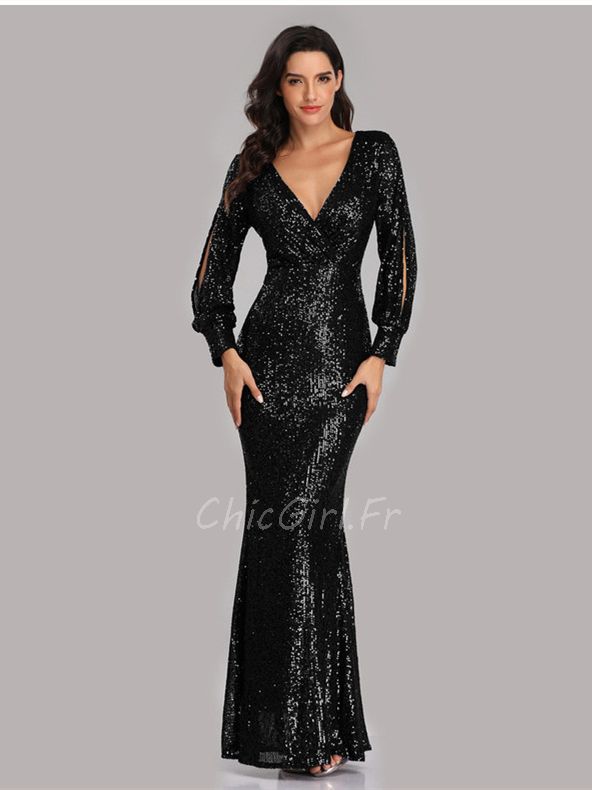 Robe De Soir e Longue Noire Paillet e Manche Fendu Col V