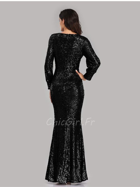 Robe Pull Longue Pailletée V-Cou - Robe Soirée Manches Longues Ceinturée Midi Élégante Et Confortable