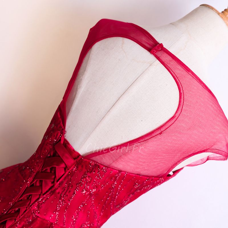 Robe De Soirée Longue Rouge Dentelle Scintillante Dos Ouvert Avec