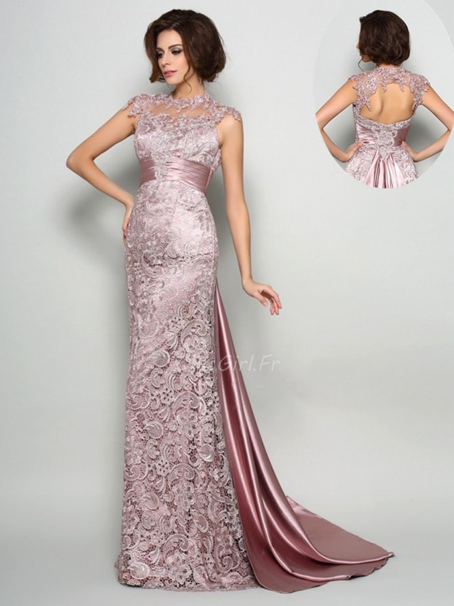 Robe De Soiree Longue Vieux Rose Dentelle Manche Dos Ouvert Col Montant Soie Traine