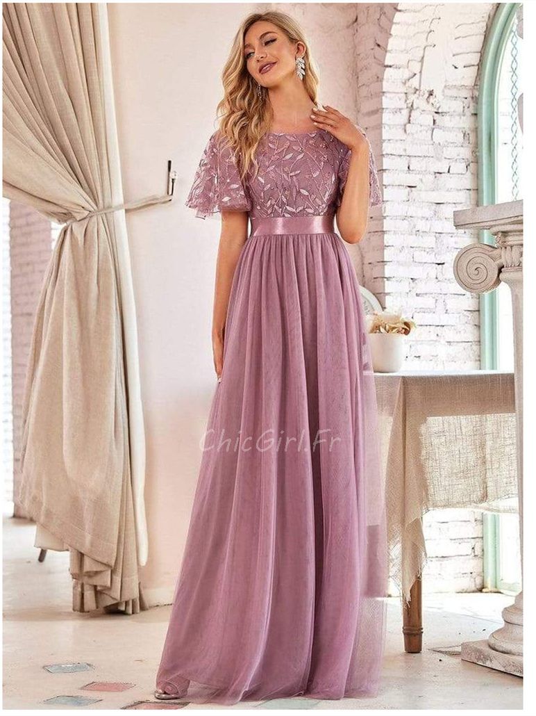 Robe De Soiree Longue Vieux Rose Tulle Dentelle Manche Papillon