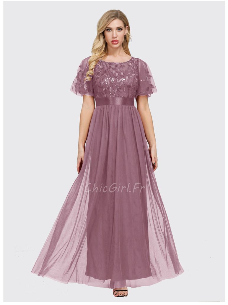 Robe De Soiree Longue Vieux Rose Tulle Dentelle Manche Papillon