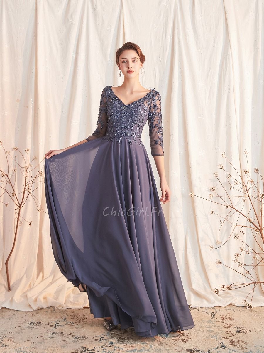 Robe De Soiree Mere De La Mariee Longue Fluide Mousseline Violette Dentelle Manche 3 4
