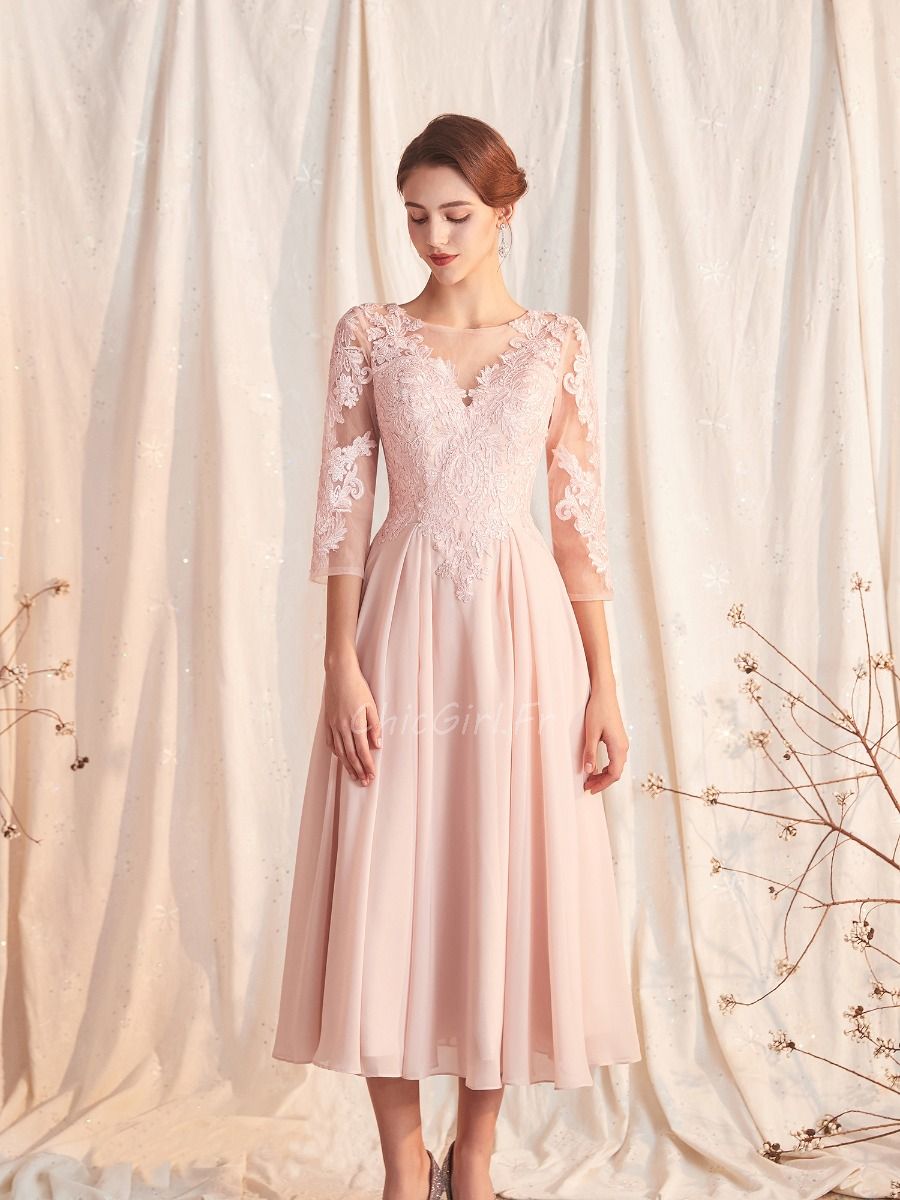 Robe De Soir e M re De La Mari e Mi Longue Rose Poudr Mousseline