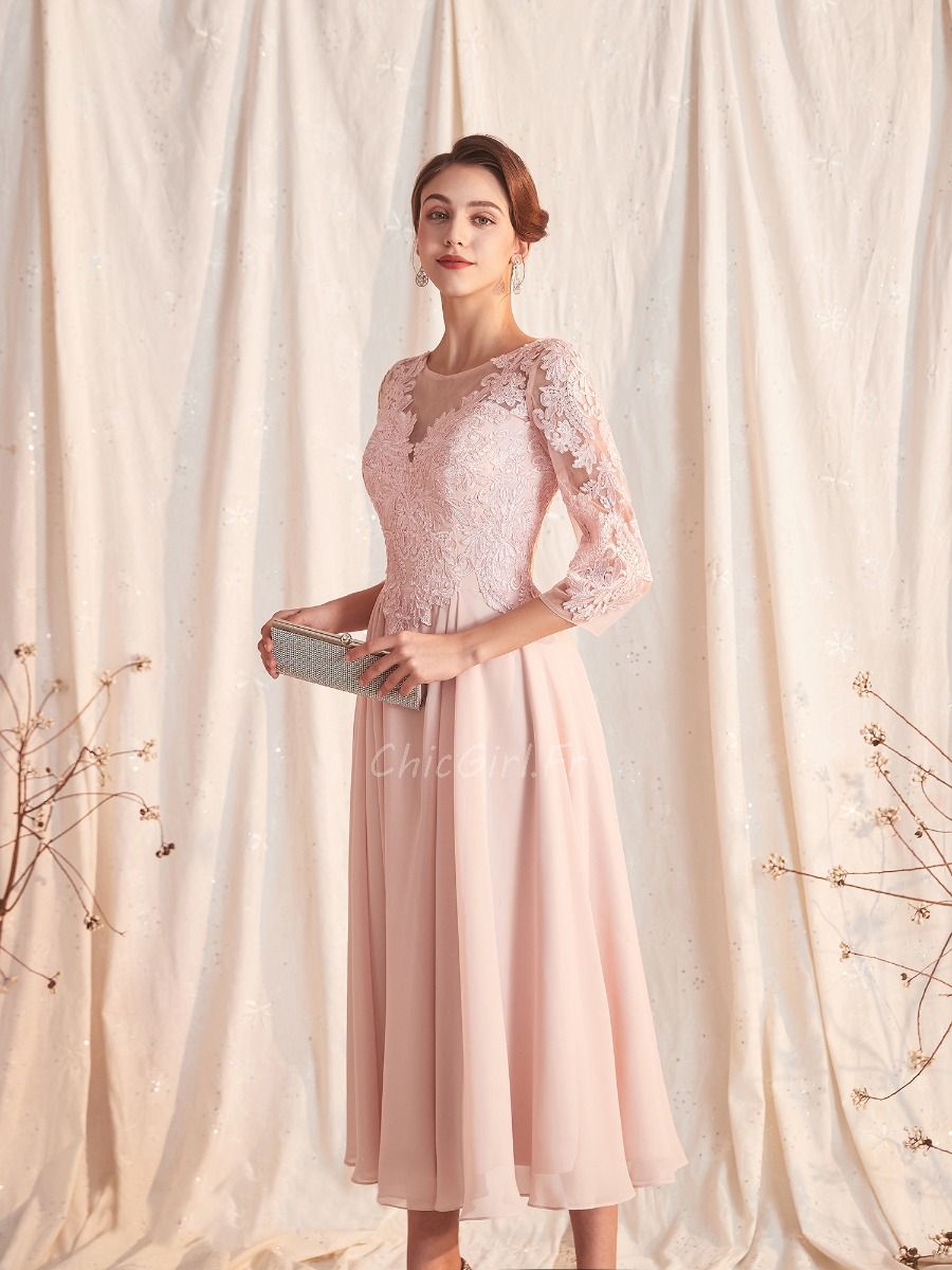 Robe De Soiree Mere De La Mariee Mi Longue Rose Poudre Mousseline Dentelle Manche 3 4
