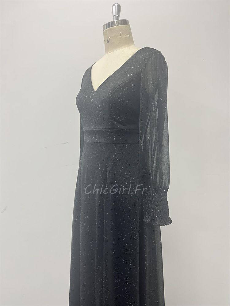 Robe de Soirée NOIR Col V Robe Mousseline Trapèze Manches Longue Robe