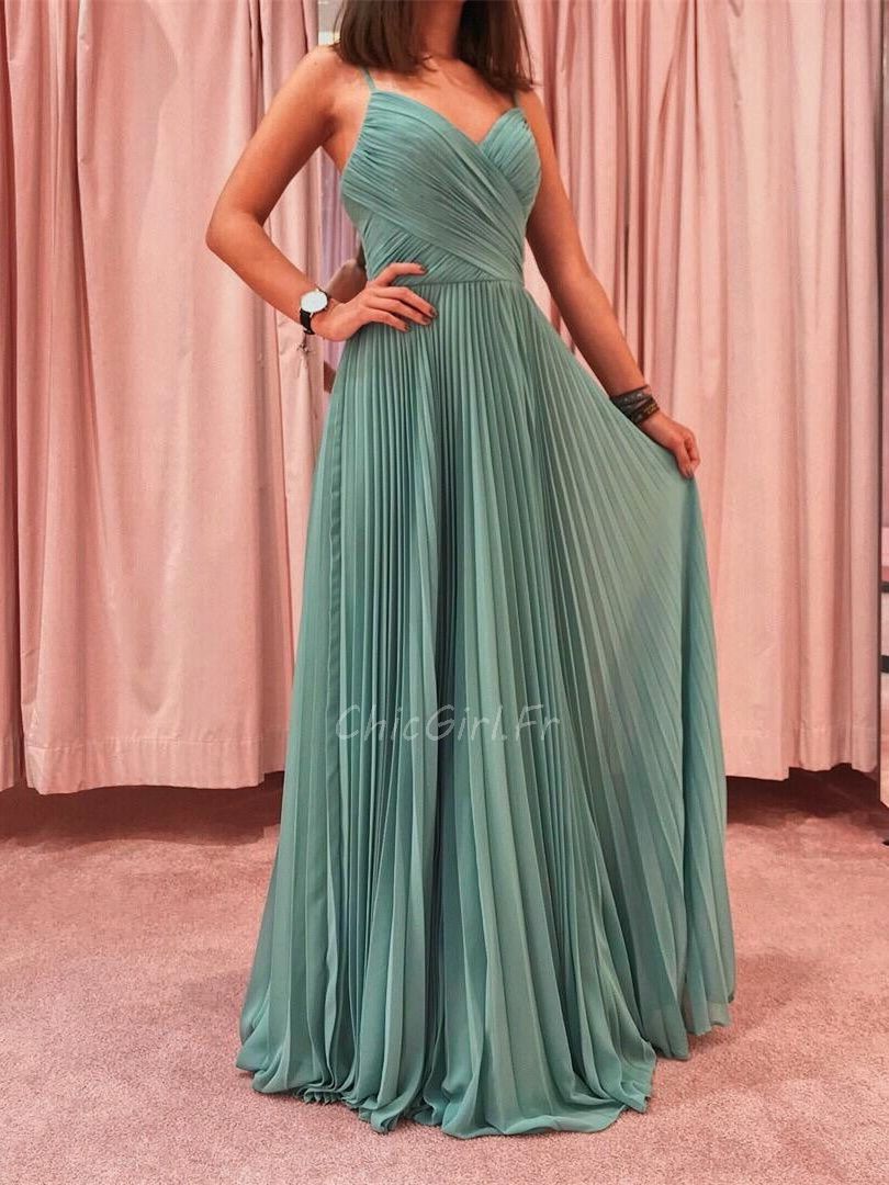 Robe De Soir e Robe Ceremonie Longue Sauge Mousseline Pliss e Avec Bretelle
