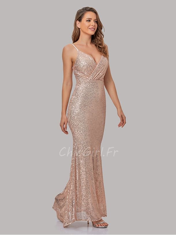 Robe De Soirée Sexy Sirène Paillette Rose Gold Taille Empire Fine Bretelle