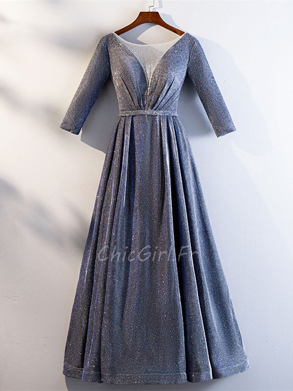 Robe De Soirée Simple Grise Scintillante Satin Manches Longues