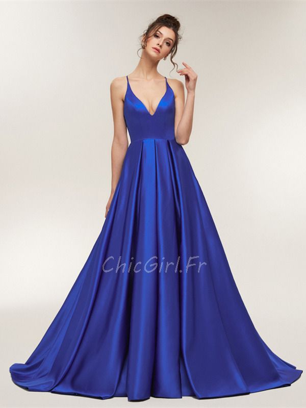 Robe De Soir e Simple Longue Bleu Roi Satin Col V Croisee Dos