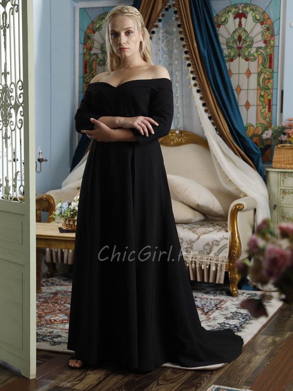 Robe De Soiree Simple Noire Longue Grande Taille Manche Tombante Avec Traine