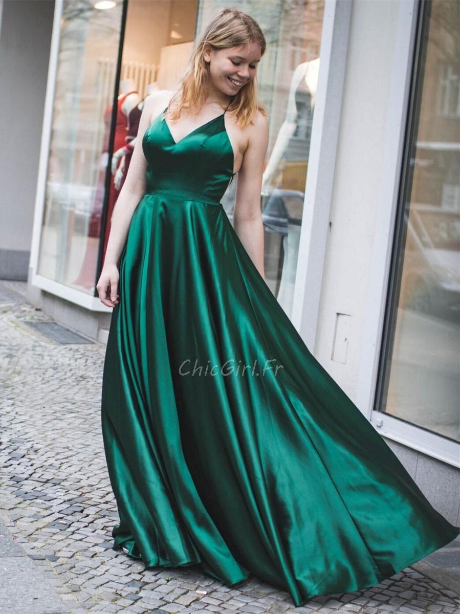 Robe De Soir e Simple Vert Sapin Longue Satin Avec Fente Bretelle