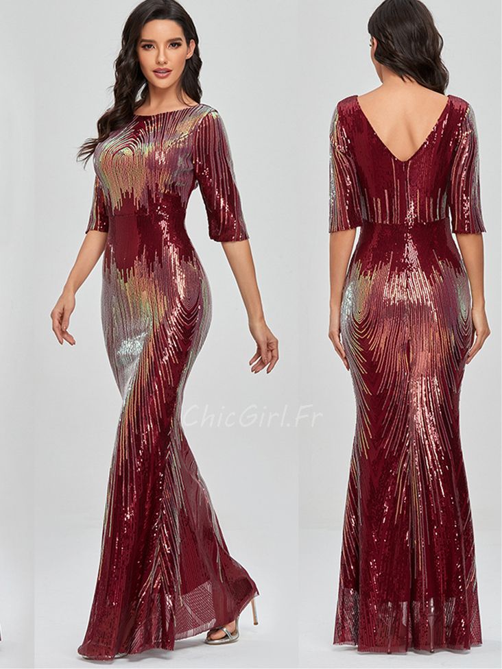 Robe De Soiree Sirene Bordeaux Pailletee Demi Manche Robe Invitee Mariage