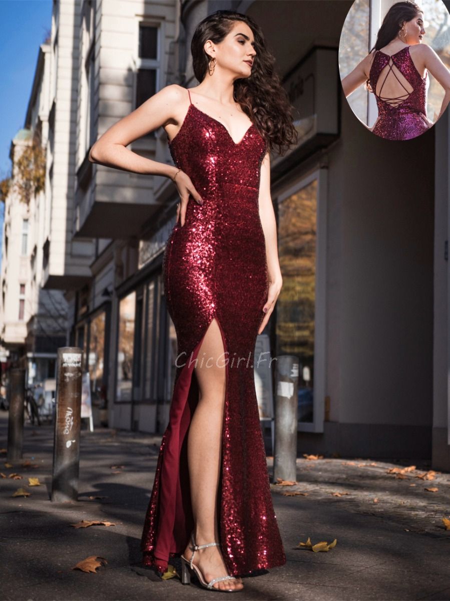 Robe De Soirée Sirène Brillante Bordeaux Paillette Dos Ouvert Avec Fente  Bretelle