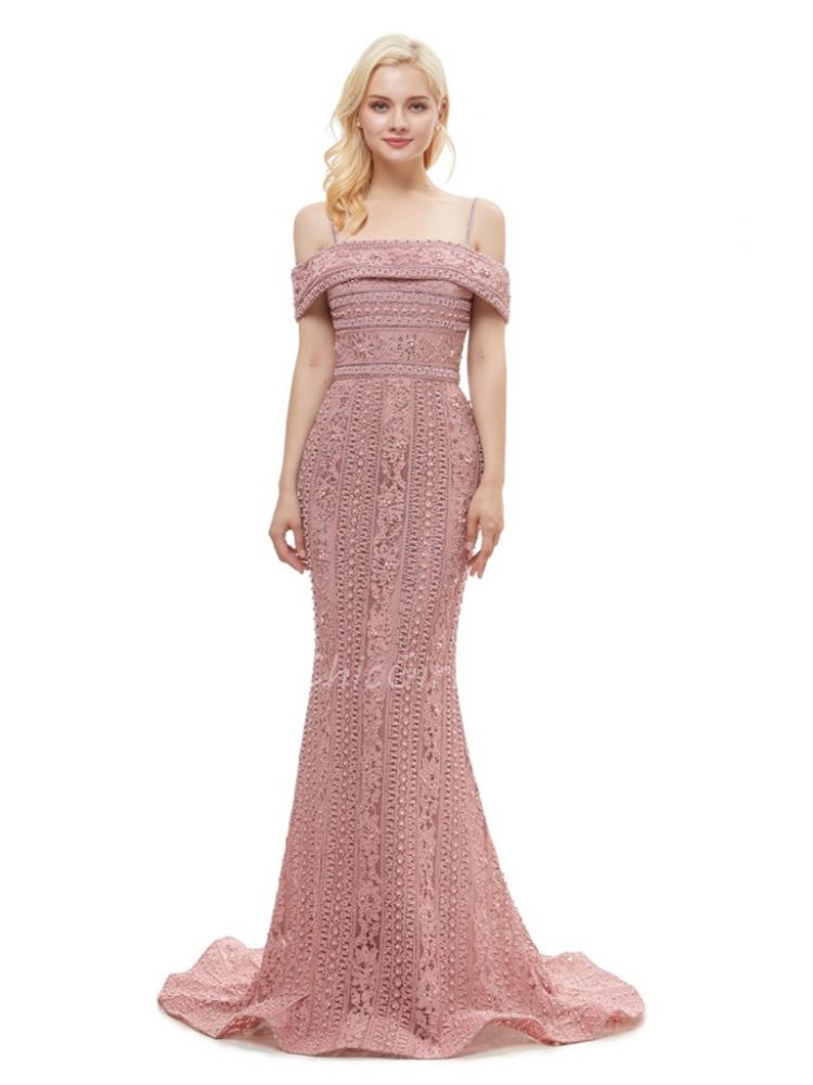 Robe De Soiree Sirene Epaule Ouverte Longue Dentelle Vieux Rose