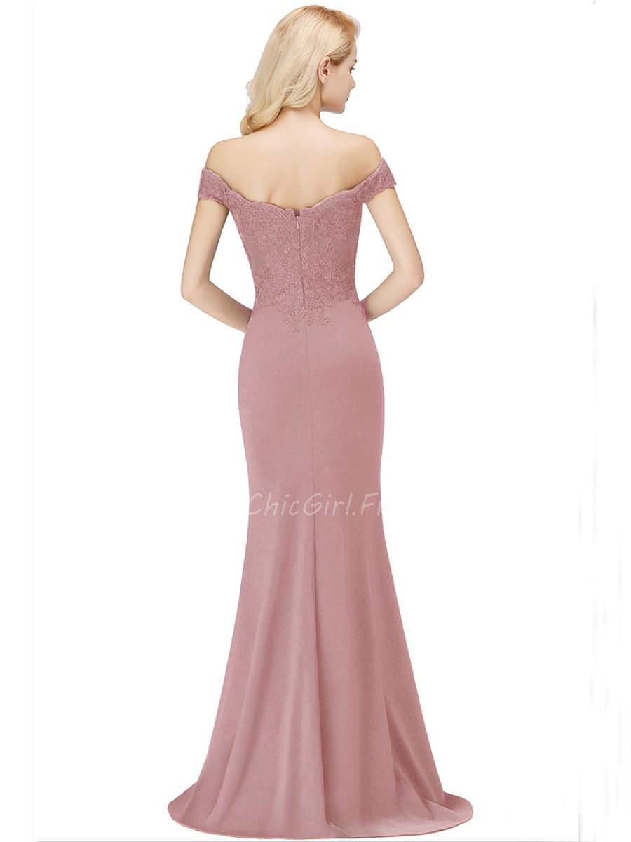 Robe De Soiree Sirene Longue Vieux Rose Satin Dentelle Epaule Denudee