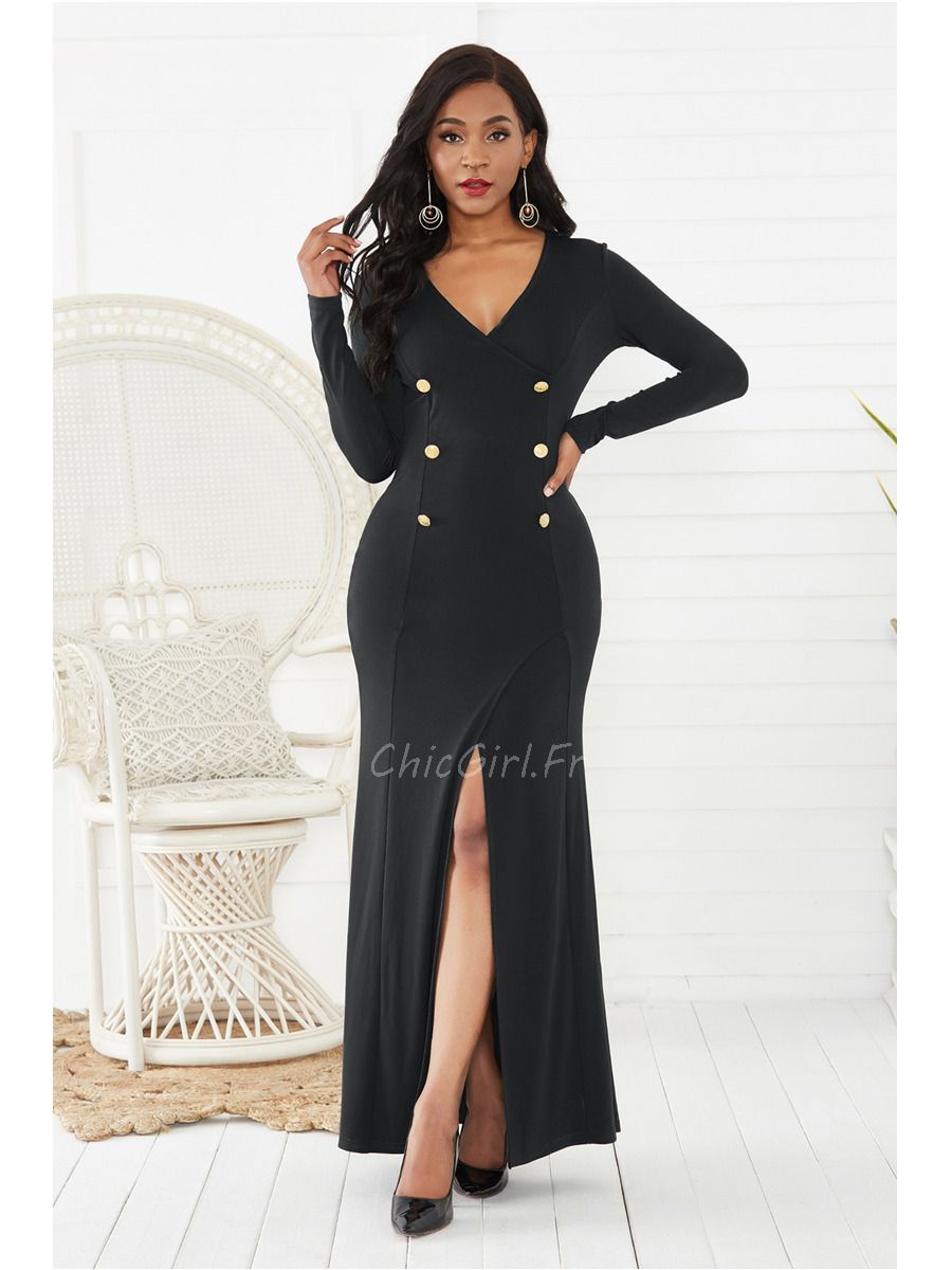 Robe De Soiree Sirene Manche Longue Noire Col V Fente Boutonnee Devant