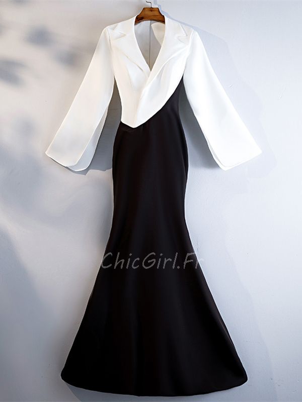 Robe De Soir e Sir ne Manches Longues Asym trique Noire Et Blanche