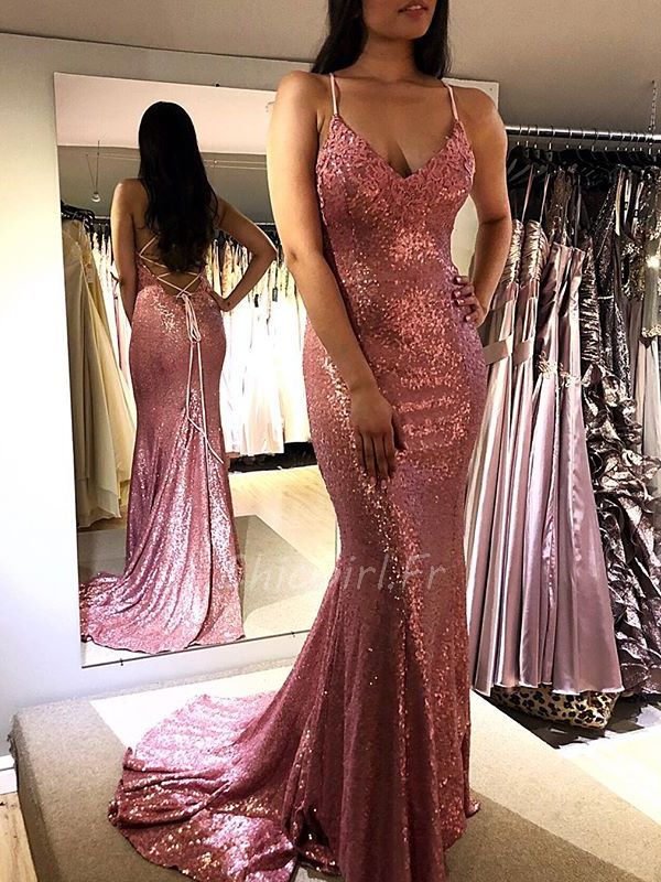 Robe De Soiree Sirene Dos Nu Bleu Marine Paillette Scintillante Avec Traine