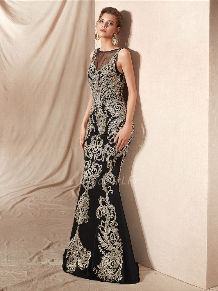 Robe De Soiree Sirene Vintage Longue Noire Satin Doree Brodee Dentelle