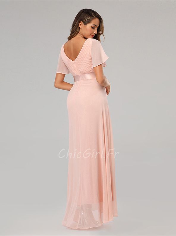 Robe De Soir e Taille Empire Longue Mousseline Rose Poudr e Manche Papillon