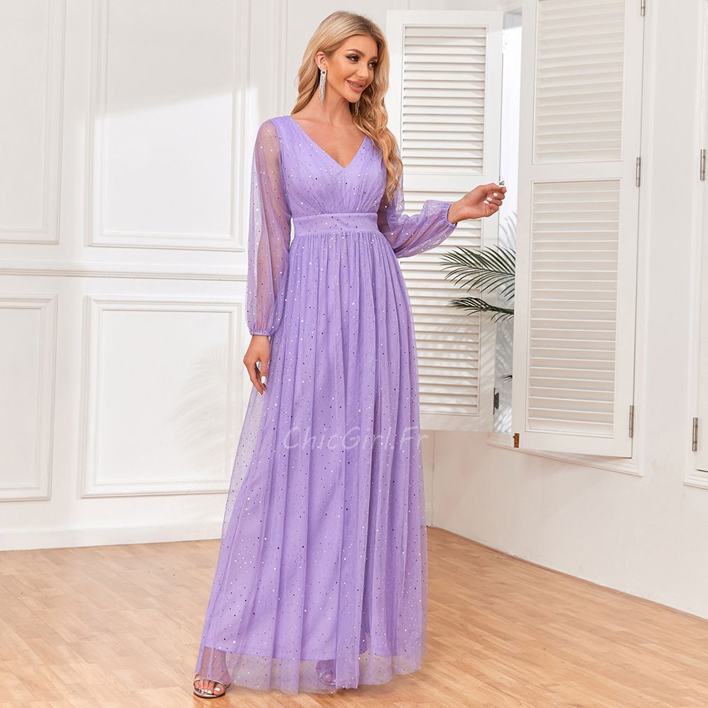 Robe De Soirée Violet Clair Manche Longue Col V Tulle Brillante