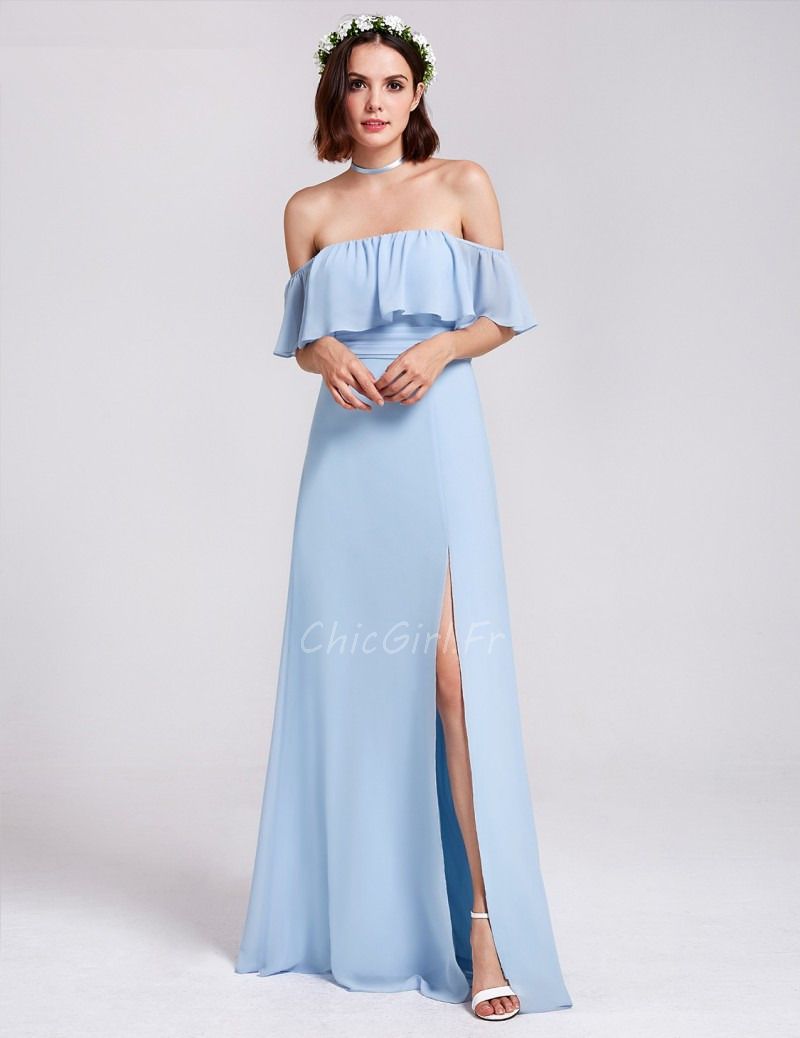 Robe Demoiselle D Honneur Boheme Epaule Denudee Longue Mousseline Bleu Ciel