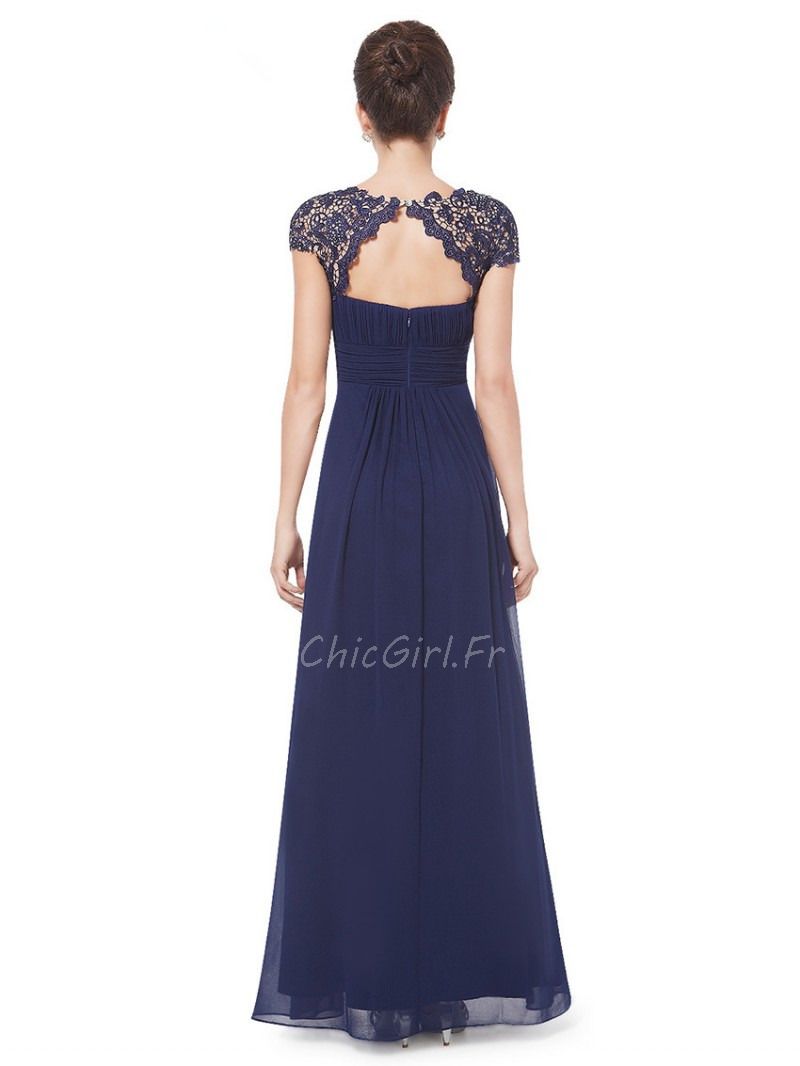 Robe Ceremonie Longue Mousseline Dentelle Bleu Marine Dos Ouvert
