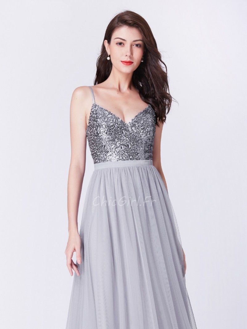 Robe Demoiselle d honneur Longue Paillette Tulle Argentee Avec Bretelle