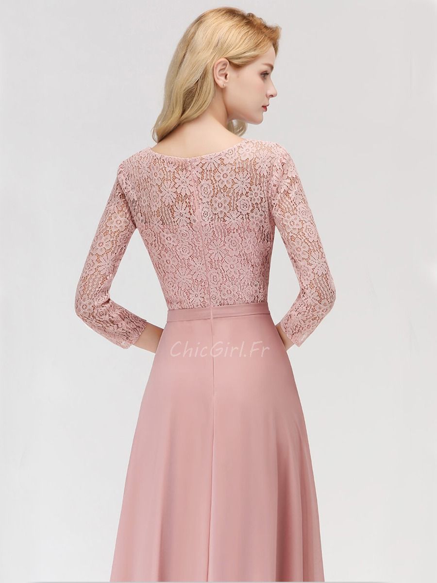 Robe Demoiselle D Honneur Soiree Manche Longue Vieux Rose Mousseline Dentelle