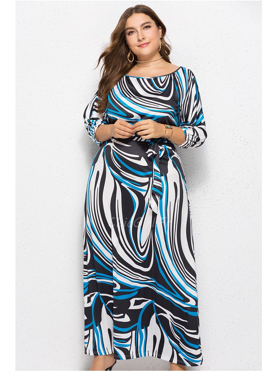 Robe Femme Ronde Fourreau Longue Maxi Rayures Col Bateau Manche 3 4