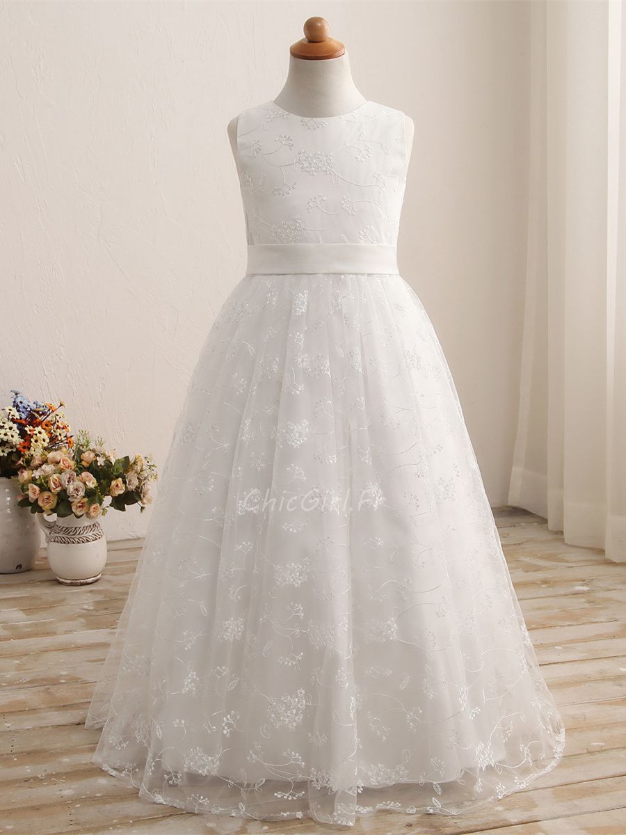 Robe Fille Mariage Princesse Blanche Tulle Dentelle Manche Longue Robe De  Communion