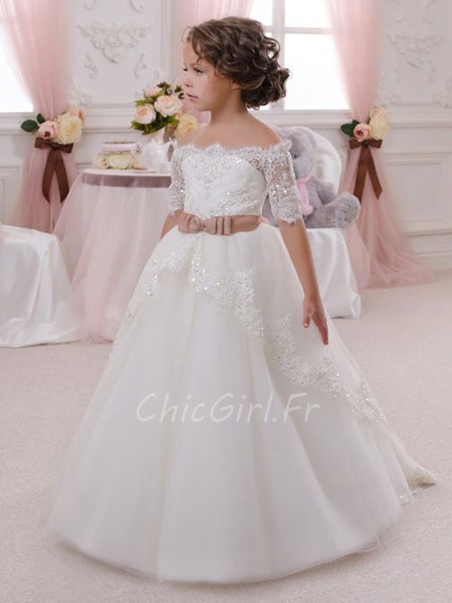 Robe Fille Mariage Blanche Tulle Dentelle Manche Robe De Communion Epaule Denudee