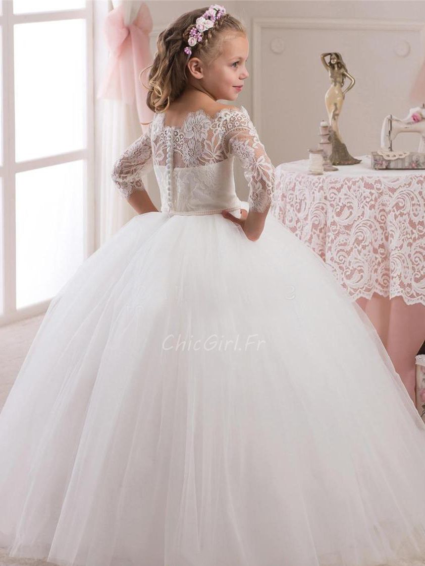 Robe Fille Mariage Princesse Bouffante Dentelle Manche Robe De Communion Epaule Denudee