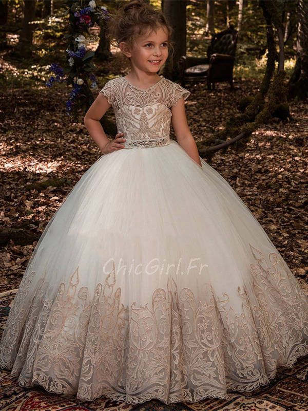 Robe Fille Mariage Princesse Blanche Tulle Dentelle Col Rond