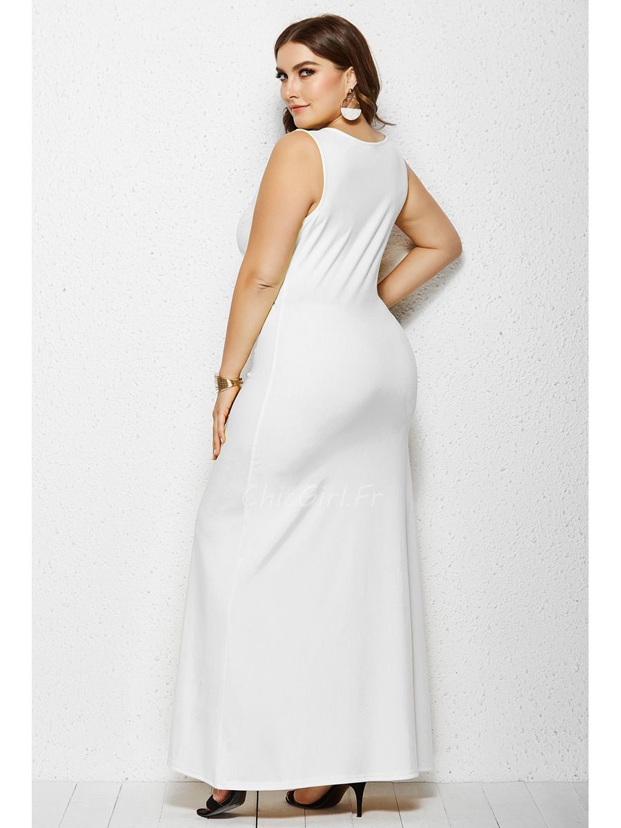 Robe Fourreau Grande Taille longue Maxi Blanche Jersey Simple Col Rond