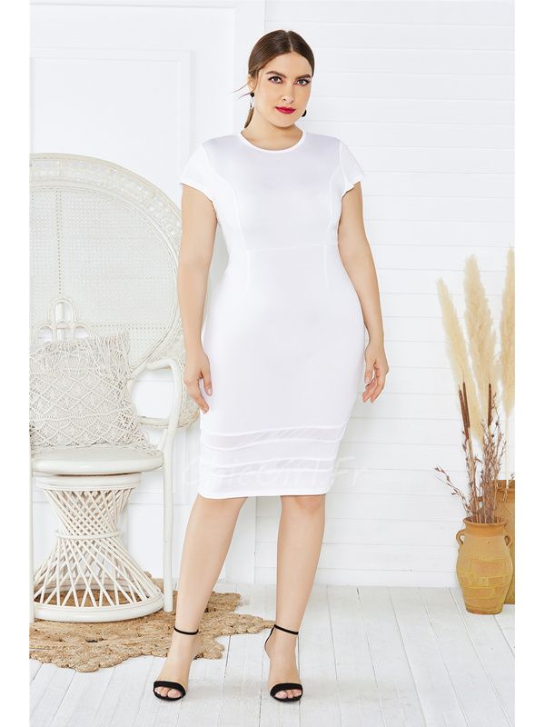 Robe Fourreau Pour Femme Ronde Elegante Courte Blanche Jersey Col Rond