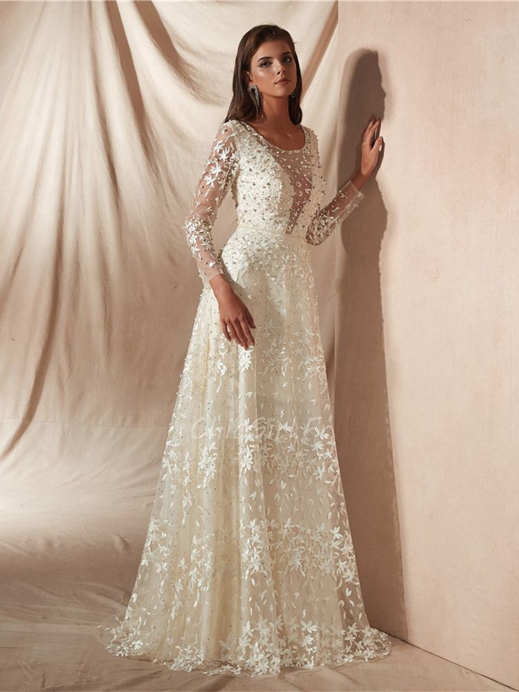 Robe Ivoire Mariage Civil Manche Longue Dentelle Strass Perle Col Rond
