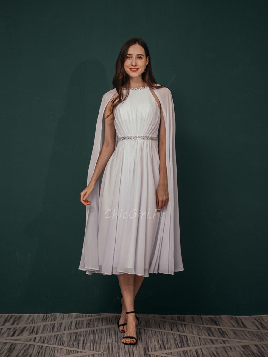 Robe Mariage Civil Mi Longue Mousseline Blanche Avec Cape