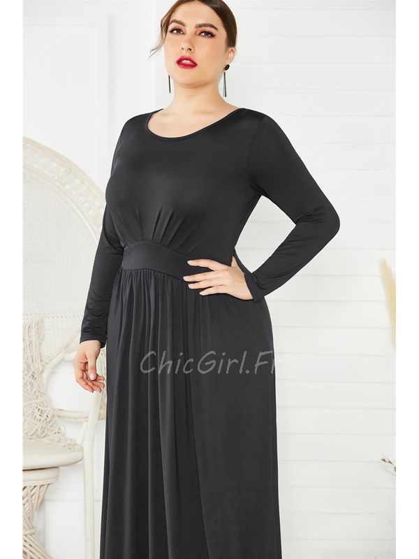 Robe Maxi Manche Longue Grande Taille Noire Jersey Col Rond