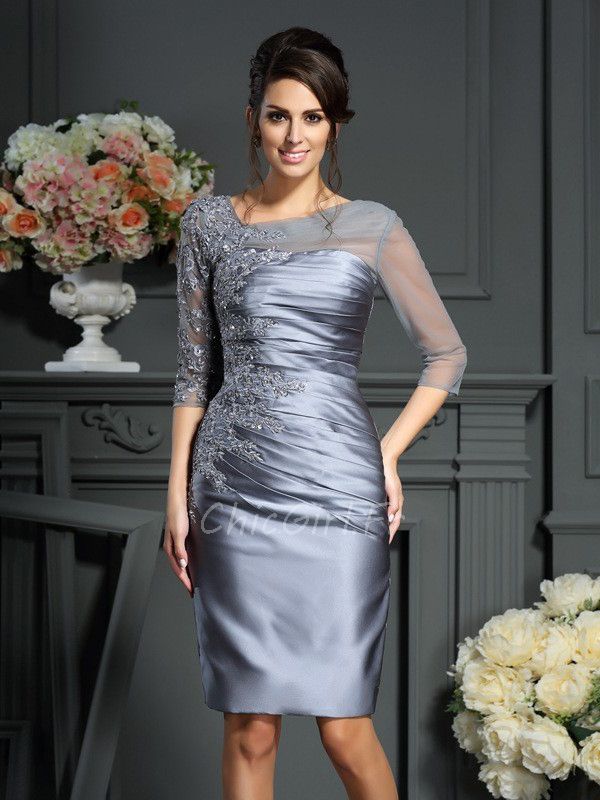 Robe Mere Mariee Soir e Fourreau Asym trique Courte Grise Satin 3