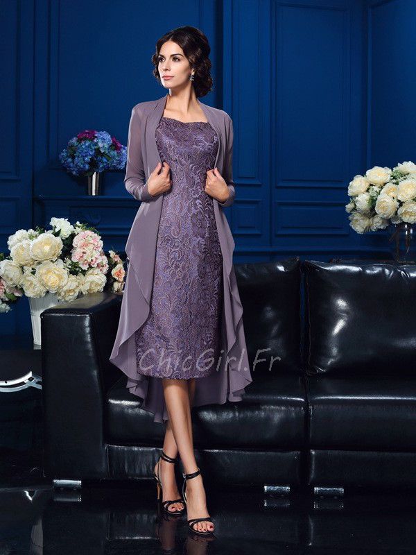 Robe Mere Mariee Soir e Fourreau Mi Longue Grise violet Dentelle