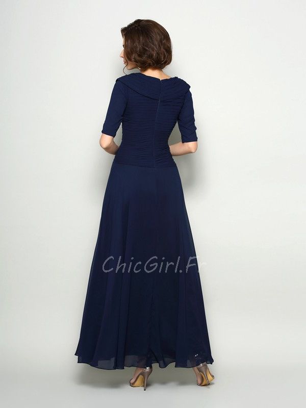 Robe Mere Mariee Soiree Longue Bleu Marine Mousseline Fluide Demi Manche Col V