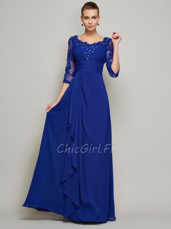 Robe Mere Mariee Soir e Longue Bleu Roi Mousseline Dentelle 3 4 Manche