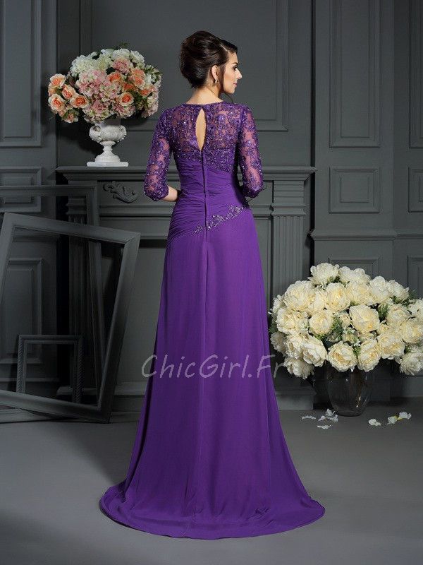 Robe Mere Mariee Soiree Longue Violette Mousseline Volant Perle Manche 3 4