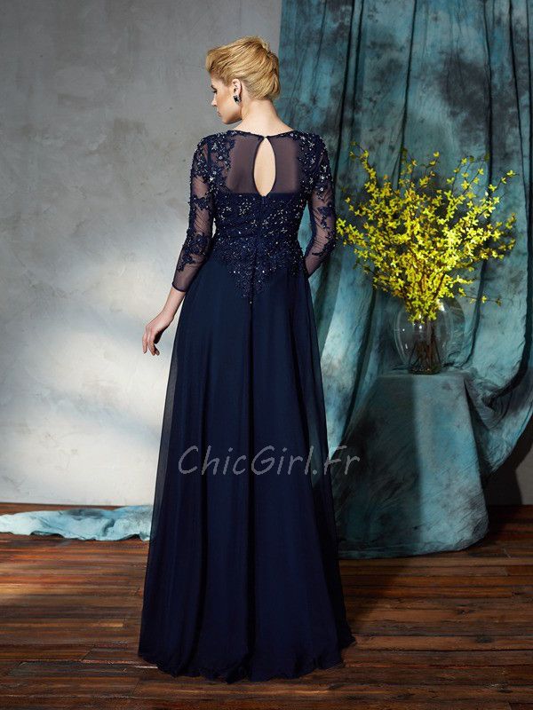 Robe Mere Mariee Soir e Manche Longue Bleu Marine Mousseline