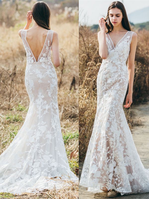 Robe Mere Mariee Sirene Vintage Dentelle Fleurie Dos Nu Col V