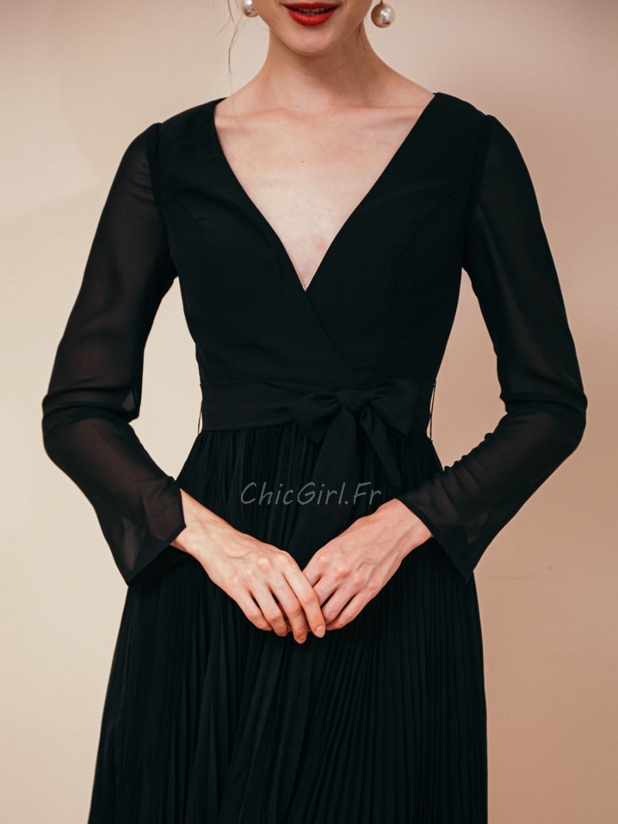 Robe Patineuse Noire Manche Longue Robe De Soiree Courte Mousseline Plissee Soleil